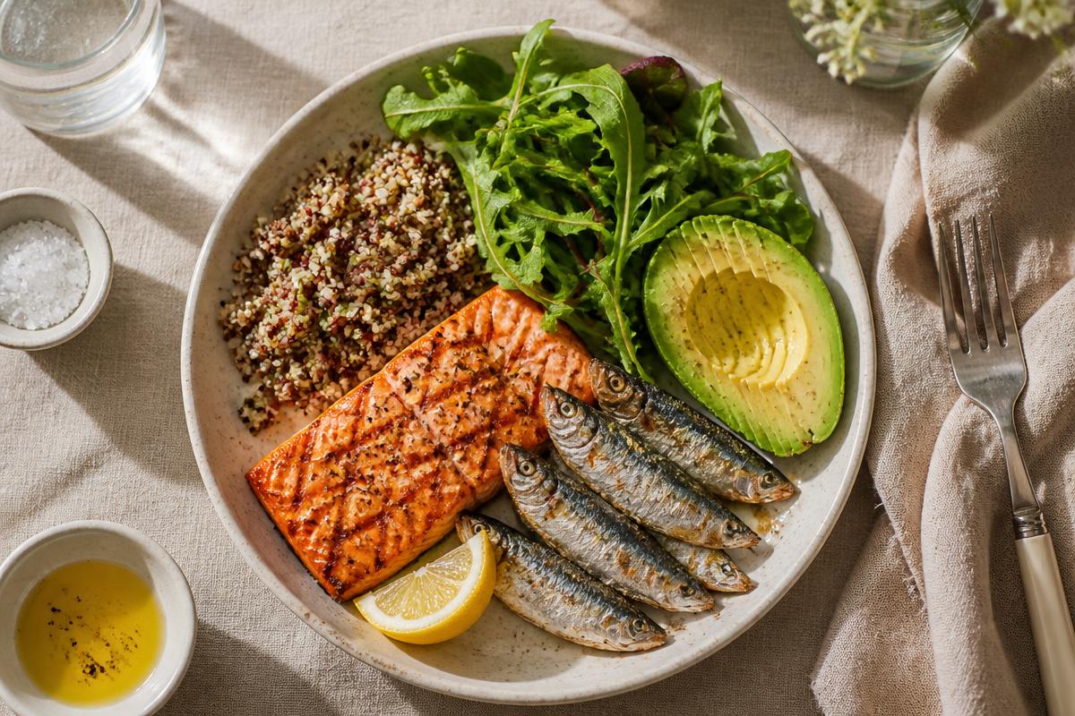 A protein-anchored plate: salmon, sardines, quinoa, greens and avocado
